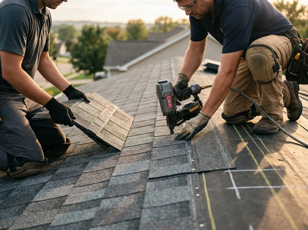 Professional roofer working on a residential roof in Upper